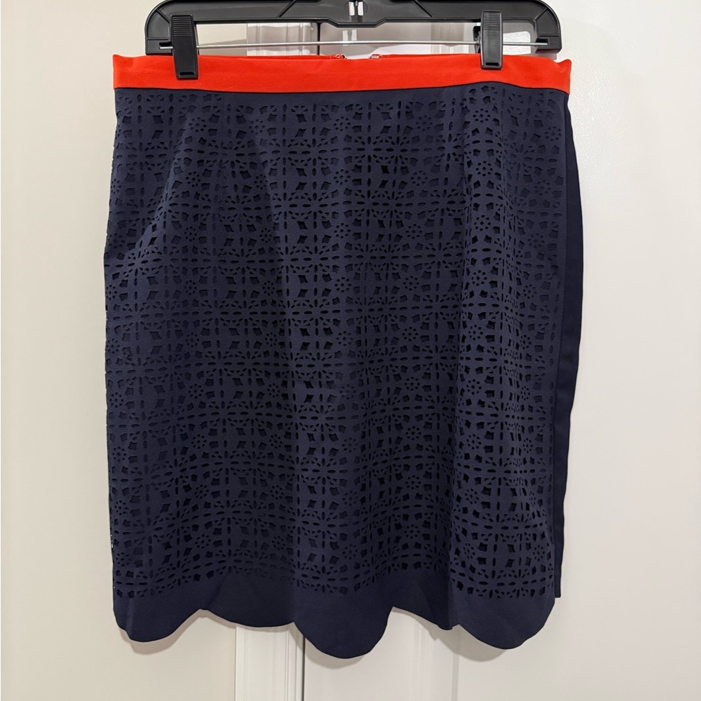 Pixley Navy Laser-Cut Pencil Skirt with Orange Waistband